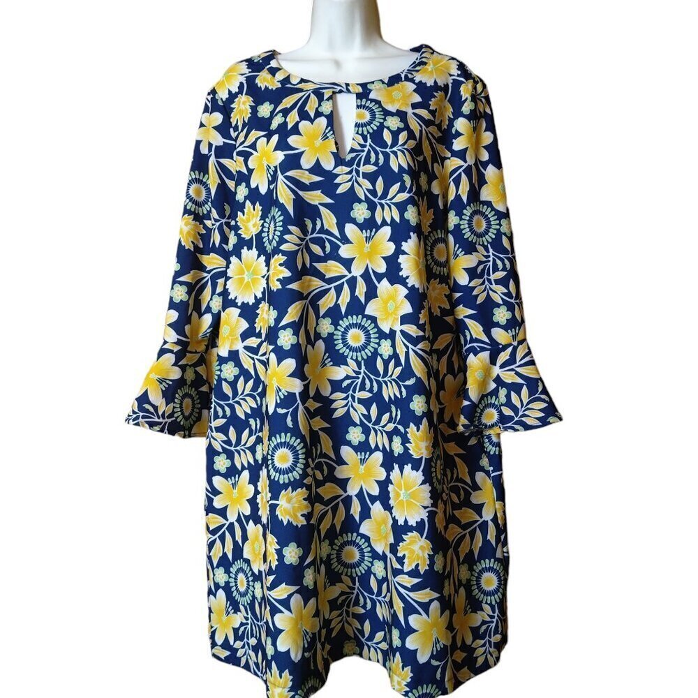 ECI New York 3/4 Bell Sleeve Floral Shirt Dress Size Large Boho Colorful